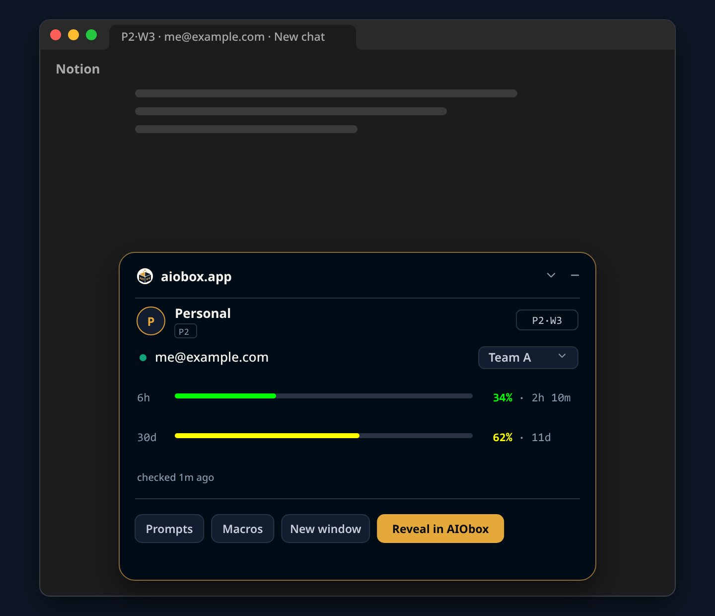 A Notion chat window with the full AIObox panel at its bottom: profile Personal, handle P2·W3, account me@example.com, workspace Team A, usage 34% of 6 hours and 62% of 30 days with time to reset, and Prompts, Macros, New window and Reveal in AIObox.